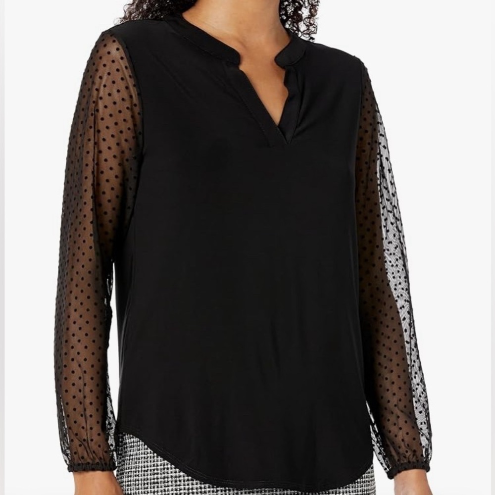 NEW - Black Label by Evan-Picone Clip-Dot Womens Split Crew Neck LS Blouse